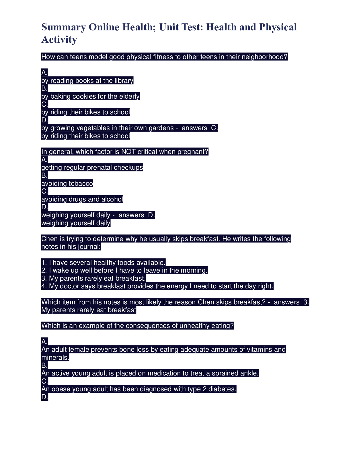 Preview image for Summary Online Health; Unit Test: Health and Physical Activity